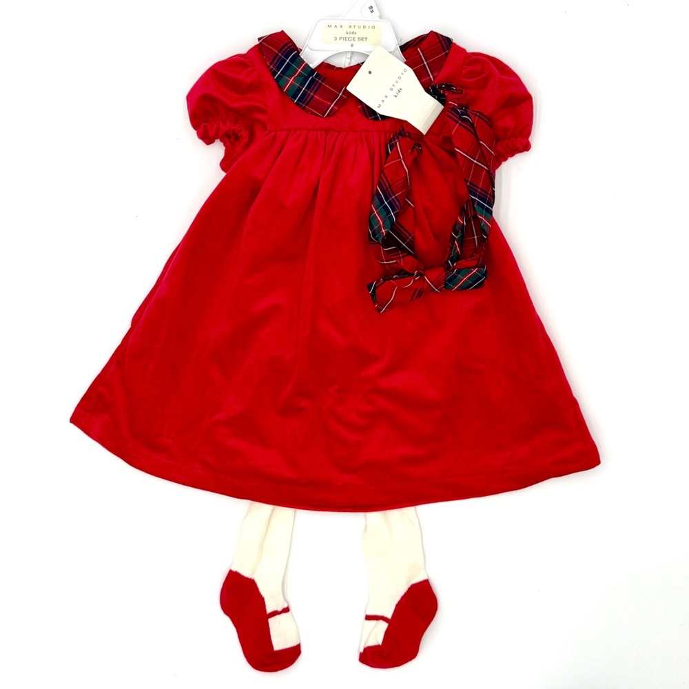 Max Studio Kids 3-Pc Red Velvety Holiday Dress/Tights/Headband Outfit NWT